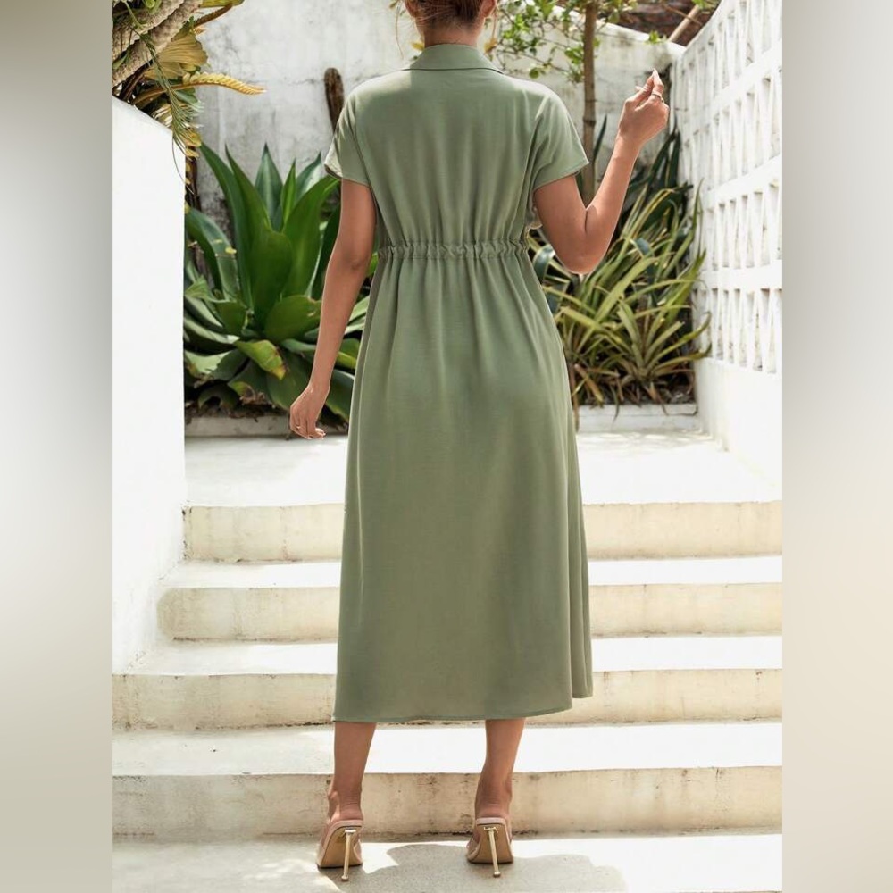 SHEIN Maternity Batwing Sleeve Drawstring Waist Solid Dress, Size XL, Sage green - Picture 3 of 10